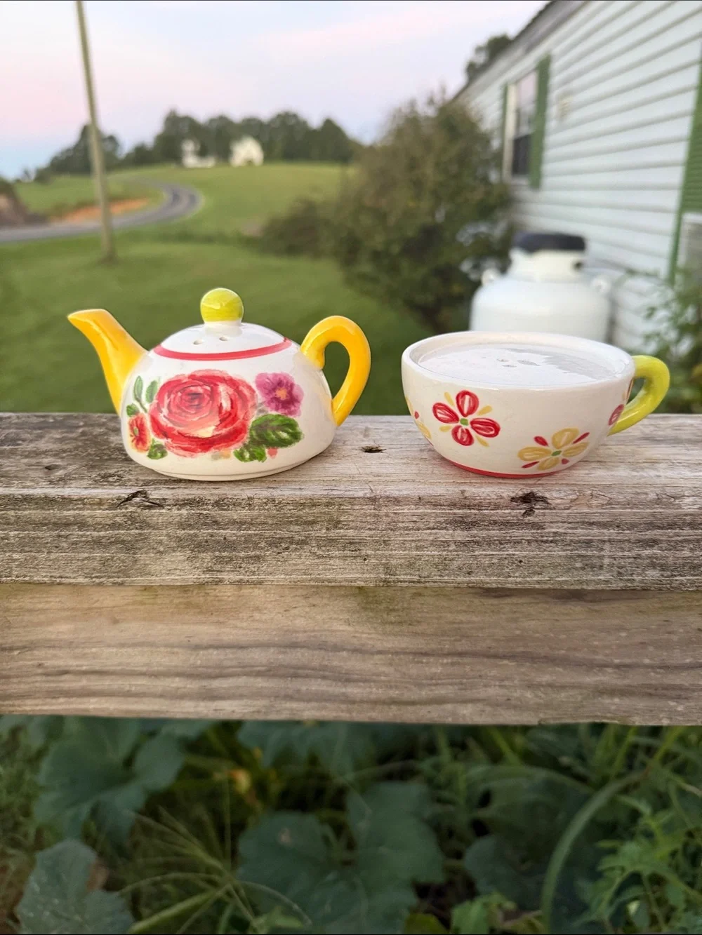 Hand-Painted Floral Teapot and Cup Set - Yellow Accent salt and pepper shakers